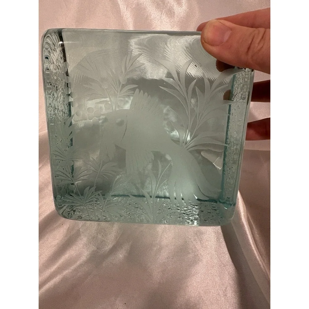 Etched Fish Paperweight Green Ice Block Signed Unique Carved Design